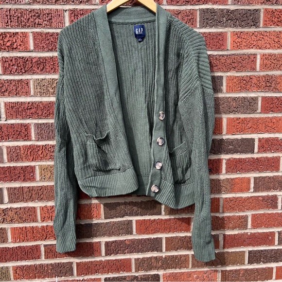 Gap Olive Green Chunky Knit Brown Button Down Oversized Cardigan - Picture 2 of 4
